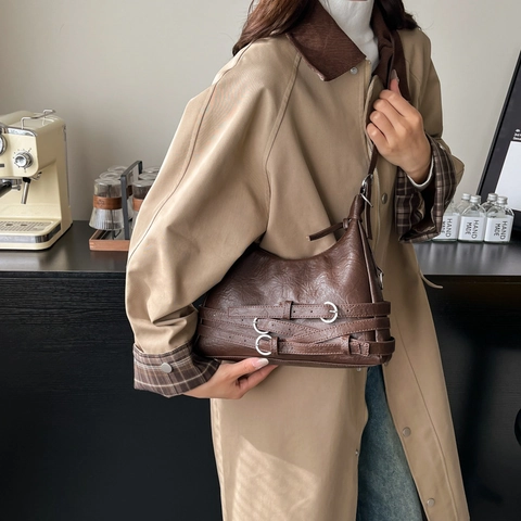 Bolso de Hombro con Decoración de Cinturón Vintage de Cuero PU de Gran Capacidad Bolso Hobo para Mujer Casual Color Sólido Bolso de Axila
