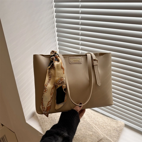 Women Large Capacity Tote Bag With Scarf Decoration Retro Casual PU Leather Shoulder Bag Fashion Urban Handbag For Daily Office