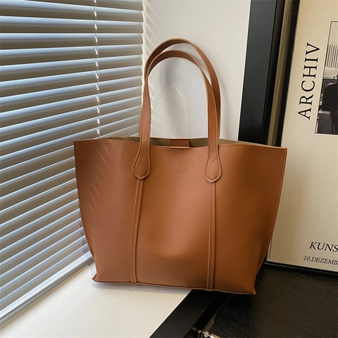 Minimalist Large Capacity Synthetic Leather Tote Bag For Women Solid Color Casual Shoulder Bag For Daily Commute Work Fashion Handbag