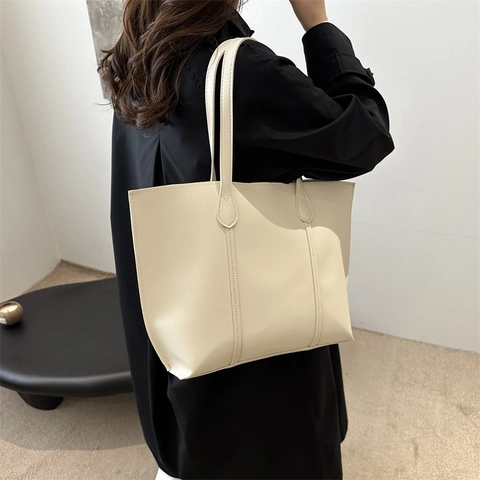 Women Large Capacity PU Leather Tote Bag Minimalist Chic Solid Color Shoulder Bag For Daily Commute Work School