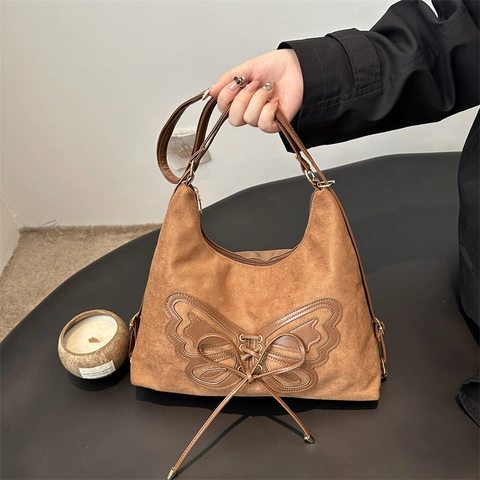 Borsa A Spalla In Camoscio Con Patch A Farfalla Retrò Con Lacci Sottobraccio Grande Capacità Estetica Y2K