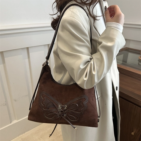 Borsa A Spalla In Camoscio Con Patch A Farfalla Retrò Con Lacci Sottobraccio Grande Capacità Estetica Y2K