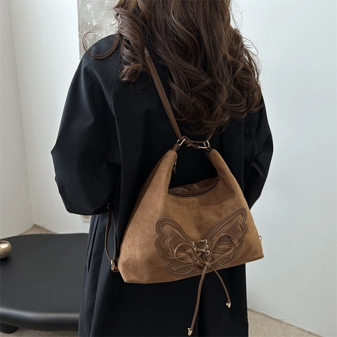 Vintage Τσάντα Tote με Πεταλούδα Nylon Υφή Σουέτ Μεγάλη Χωρητικότητα Γυναικεία Retro Hobo Τσάντα Ώμου Μόδα Χειμώνα