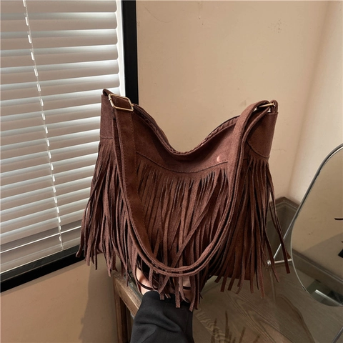 Women's Bohemian Retro Suede Tassel Shoulder Bag Fringe Crossbody Bag With Adjustable Strap Solid Color Casual Daily Purse
