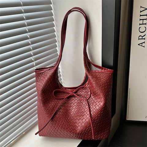 Women Retro Large Capacity Woven Tote Bag Elegant PU Leather Shoulder Bag With Bow Decoration Fashion Solid Color Daily Commuter Bag