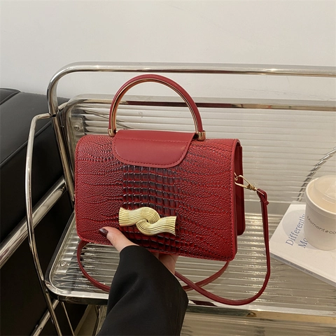 Sac à Main Rétro pour Femmes en Cuir PU Motif Crocodile Avec Boucle Ondulée Or Poignée Métal Sac Bandoulière