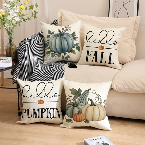 Fall Throw Pillow Cover Autumn Pumpkin Letter Print Linen Cushion Case For Living Room Sofa Thanksgiving Decor