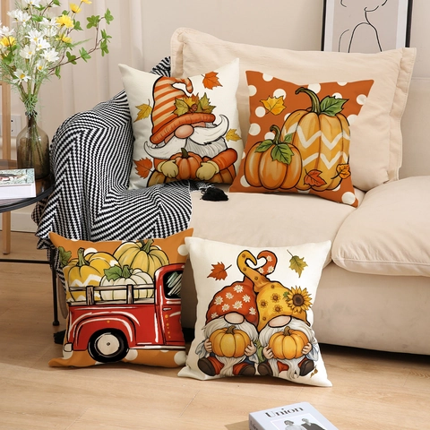 Autumn Harvest Gnome Pumpkin Truck Linen Pillowcase Thanksgiving Decorative Square Cushion Cover For Sofa Couch Home Decor