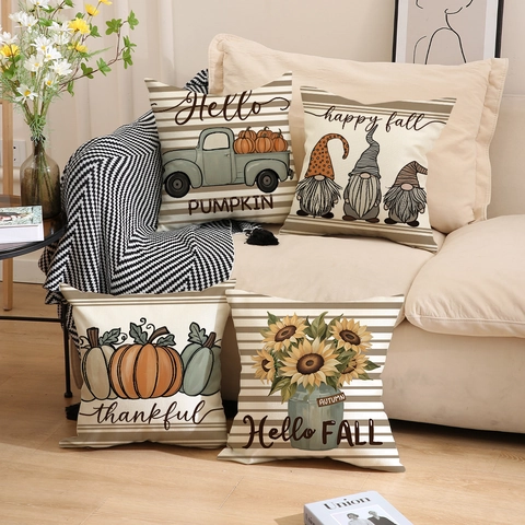 Herbst Erntedankfest Kissenbezüge Leinenoptik Sonnenblume Kürbis Gnom Dekorative Kissenhülle Für Sofa Zuhause Dekoration