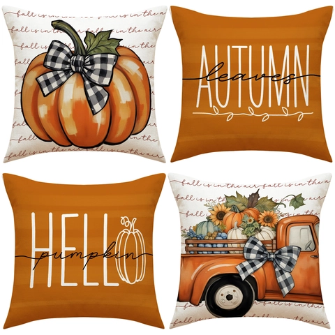 Funda De Cojín Decorativa De Otoño Lino Calabaza Hoja De Arce Impresa Funda De Almohada Acción De Gracias Hogar Decoración Sofá