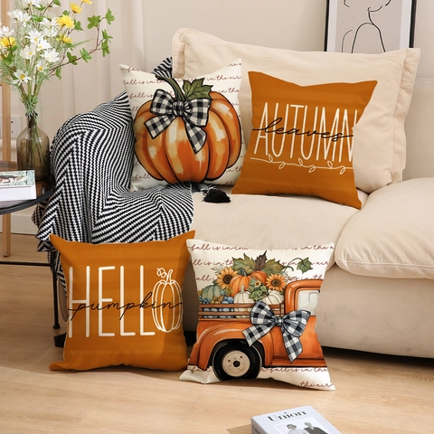 Funda De Cojín Decorativa De Otoño Lino Calabaza Hoja De Arce Impresa Funda De Almohada Acción De Gracias Hogar Decoración Sofá