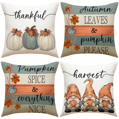 Autumn Thanksgiving Throw Pillow Covers Linen Blend Decorative Cushion Case Pumpkin Gnome Harvest Design Home Decor