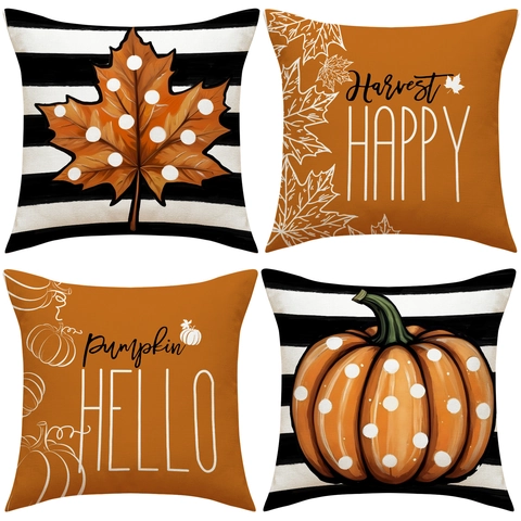 Fodere per Cuscini Decorativi in Lino Autunno Zucca Foglia di Acero Harvest Righe Halloween Ringraziamento Decorazioni Casa