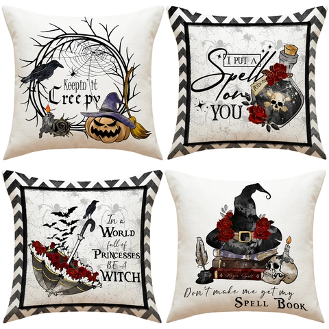 Fodera per Cuscino Halloween Effetto Lino Gotico Zucca Strega Corvo Motivo Decorativo Federa Divano Casa