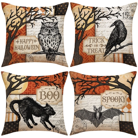 Fundas De Cojín Halloween Vintage Estampado Lino Funda Almohada Decorativa Sofá Hogar Retro Búho Cuervo Murciélago