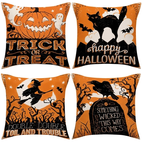 Federe Per Cuscini Halloween Lino Zucca Fantasma Gatto Nero Strega Motivo Quadrato Decorazione Casa Divano Accessori Feste