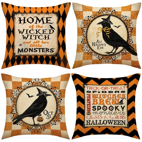 Vintage Halloween Kussensloop Kraai Pompoen Ontwerp Linnen Textuur Polyester Kussenhoes Voor Woonkamer Bank Feestelijke Woondecoratie