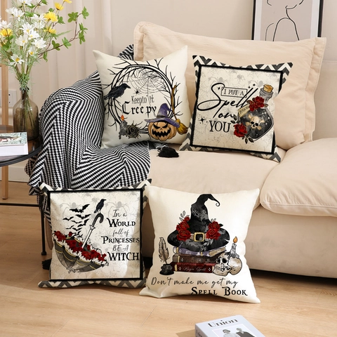 Fodera per Cuscino Halloween Effetto Lino Gotico Zucca Strega Corvo Motivo Decorativo Federa Divano Casa