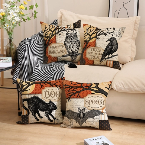 Fundas De Cojín Halloween Vintage Estampado Lino Funda Almohada Decorativa Sofá Hogar Retro Búho Cuervo Murciélago