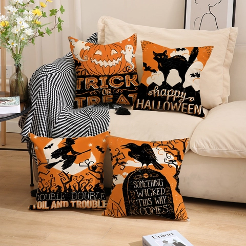 Federe Per Cuscini Halloween Lino Zucca Fantasma Gatto Nero Strega Motivo Quadrato Decorazione Casa Divano Accessori Feste
