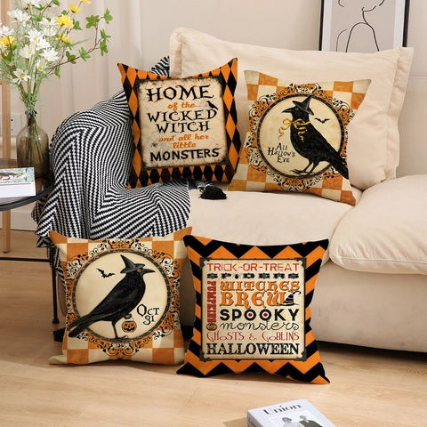 Vintage Halloween Kussensloop Kraai Pompoen Ontwerp Linnen Textuur Polyester Kussenhoes Voor Woonkamer Bank Feestelijke Woondecoratie
