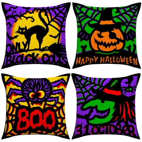 Fundas De Cojín De Halloween Lino Cuadrado Fundas Decorativas Para Sofá Decoración De Dibujos Animados Calabaza Bruja