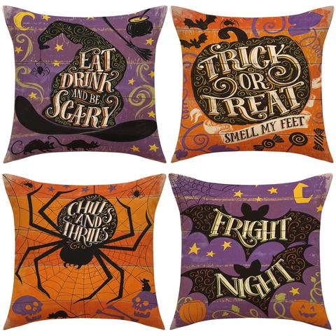 Funda de Almohada Halloween Efecto Lino Poliestere Calabaza Murciélago Araña Sombrero de Bruja Funda de Cojín Decorativa