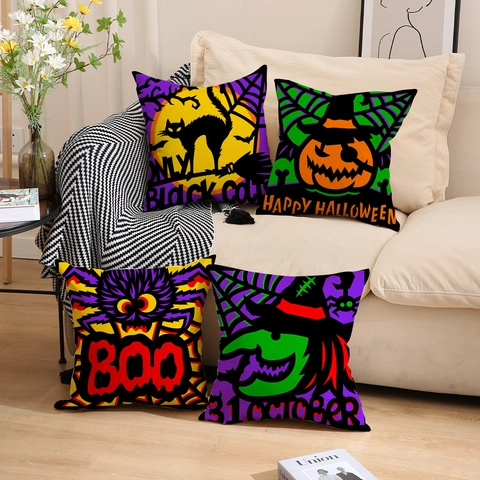 Fundas De Cojín De Halloween Lino Cuadrado Fundas Decorativas Para Sofá Decoración De Dibujos Animados Calabaza Bruja