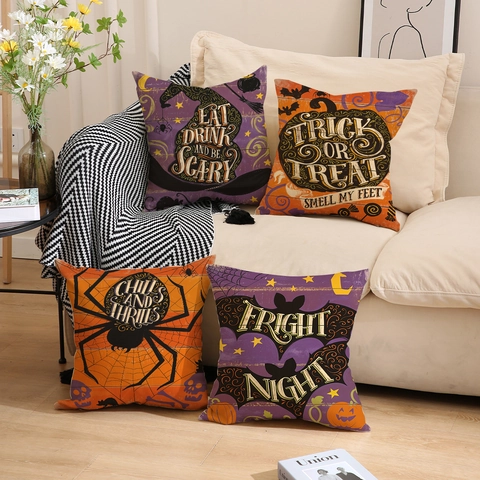 Funda de Almohada Halloween Efecto Lino Poliestere Calabaza Murciélago Araña Sombrero de Bruja Funda de Cojín Decorativa