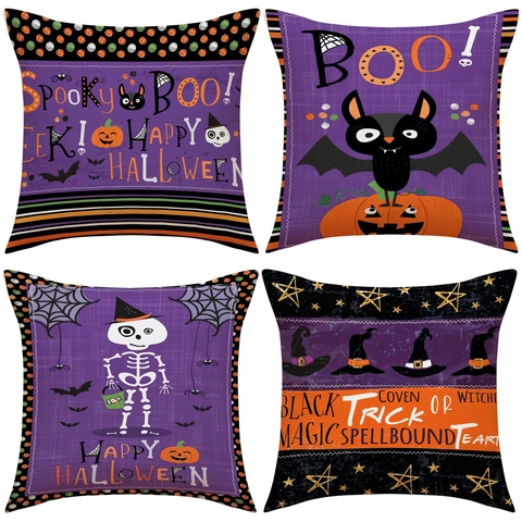 Halloween Throw Pillow Cover Linen Bat Pumpkin Skull Decorative Cushion Case For Sofa Home Decor Halloween Supplies
