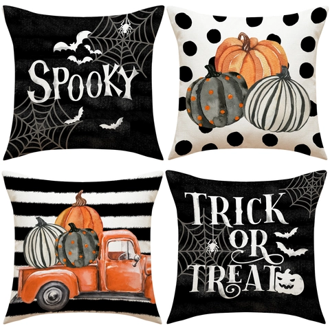 Federa Cuscino Halloween Lino Zucca Pipistrello Stampa Decorazione Divano Festa Spooky Trick Or Treat Copricuscino