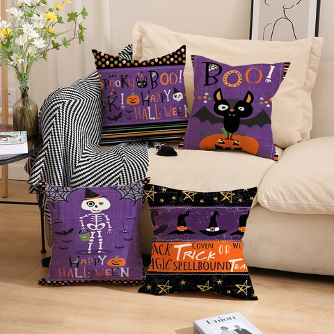 Halloween Throw Pillow Cover Linen Bat Pumpkin Skull Decorative Cushion Case For Sofa Home Decor Halloween Supplies
