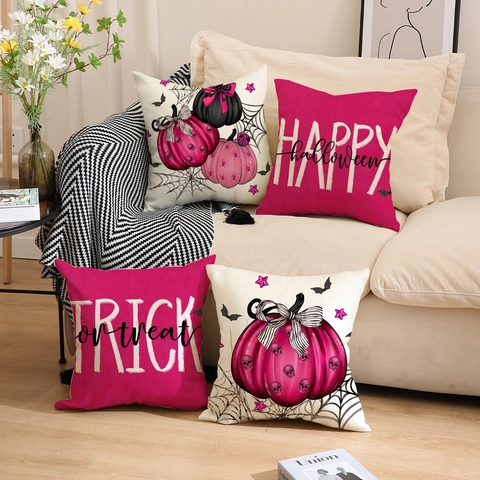 Halloween Kissenbezüge Leinen Halloween Kürbis Schädel Fledermaus Spinne Dekorative Kissenhüllen Für Sofa Heimdeko Rosa Gothic Stil