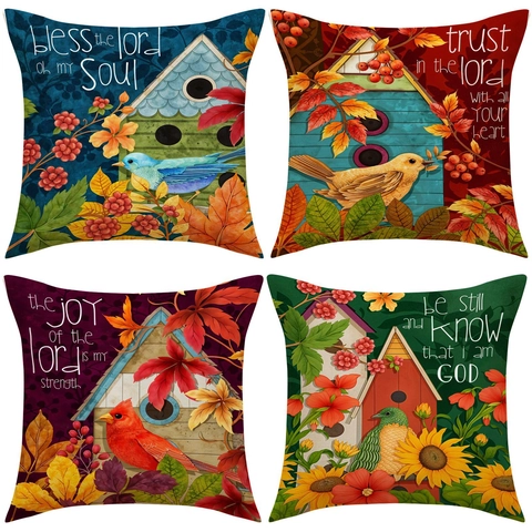 Herfst Vogel Bloemen Inspirerende Citaten Kussensloop Polyester Linnenlook Vierkant Sierkussenhoes Voor Bank Huis Decor