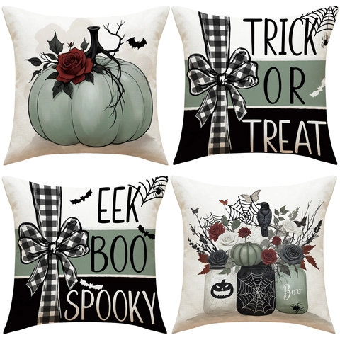 Halloween Kürbis Kissenbezug Vintage Gotik Rose Fledermaus Spinnennetz Muster Leinenmischung Kissenhülle Für Sofa Home Party Dekorative