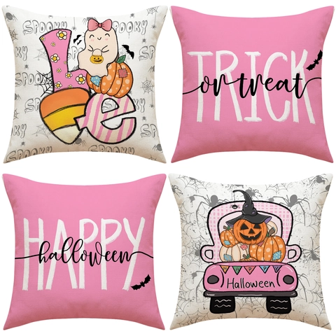 Halloween Decoratieve Kussensloop Roze Pompoen Geest Letter Print Linnen Look Vierkante Kussenhoes Voor Bank Huis Decoratie
