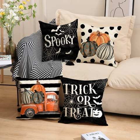 Federa Cuscino Halloween Lino Zucca Pipistrello Stampa Decorazione Divano Festa Spooky Trick Or Treat Copricuscino