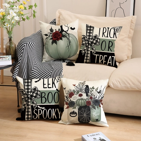 Halloween Kürbis Kissenbezug Vintage Gotik Rose Fledermaus Spinnennetz Muster Leinenmischung Kissenhülle Für Sofa Home Party Dekorative