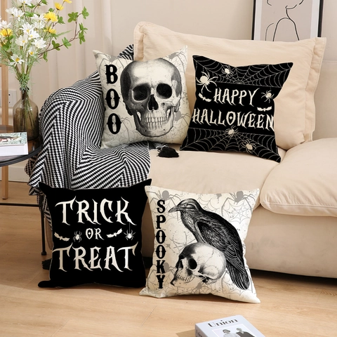 Halloween Skull Throw Pillow Covers Linen Square Gothic Decorative Cushion Cases With Raven Spider Web Pattern For Sofa Home Party Decor