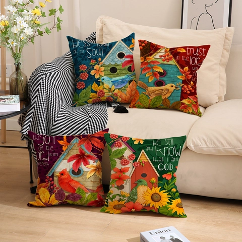 Herfst Vogel Bloemen Inspirerende Citaten Kussensloop Polyester Linnenlook Vierkant Sierkussenhoes Voor Bank Huis Decor
