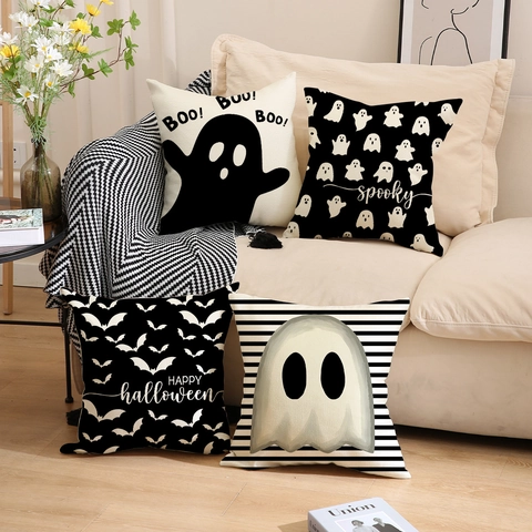 Taie d'Oreiller Halloween Noir Blanc Set Fantôme Chauve-Souris Imprimé Housse de Coussin Décorative Canapé Salon Maison