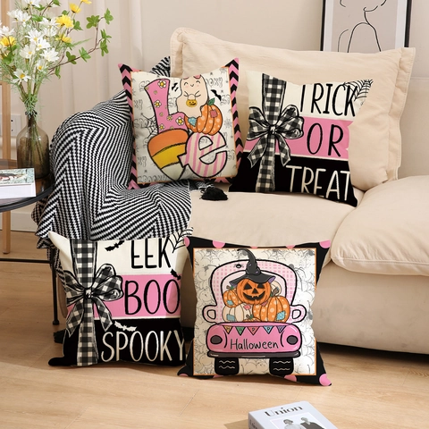 Fundas de Cojín de Halloween Calabaza Rosa Fantasma Aspecto Lino Poliéster Funda para Sofá Trick Or Treat Estilo