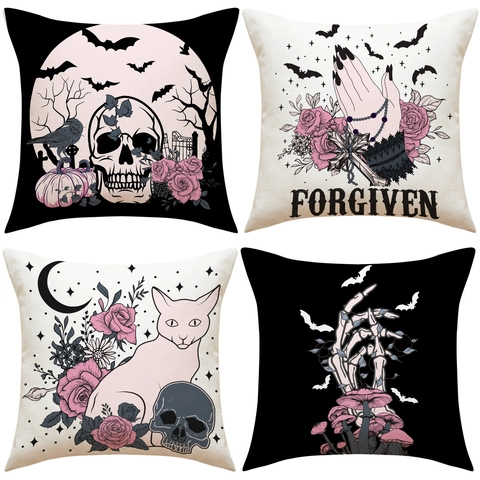 Gothic Halloween Skull Rose Print Linen Pillowcase Decorative Dark Style Cushion Cover For Sofa Couch Home Decor Halloween Party Accessory