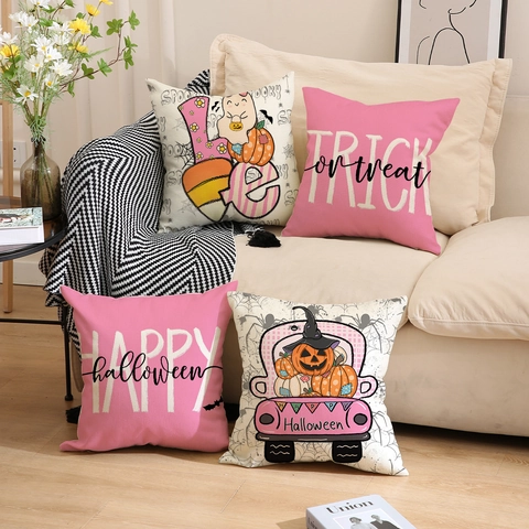 Halloween Decoratieve Kussensloop Roze Pompoen Geest Letter Print Linnen Look Vierkante Kussenhoes Voor Bank Huis Decoratie
