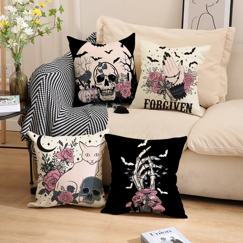 Gothic Halloween Skull Rose Print Linen Pillowcase Decorative Dark Style Cushion Cover For Sofa Couch Home Decor Halloween Party Accessory