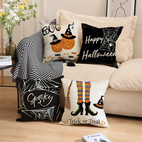 Διακοσμητική Μαξιλαροθήκη Halloween Λινό Πολυεστέρας Τετράγωνη Κάλυμμα Μαξιλαριού Κολοκύθα Ιστός Αράχνης για Καναπέ