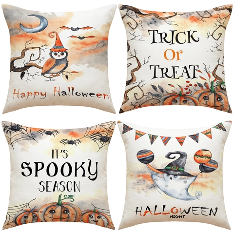 Halloween Pillow Covers Watercolor Pumpkin Ghost Owl Printed Linen Look Polyester Cushion Cases For Living Room Home Decor