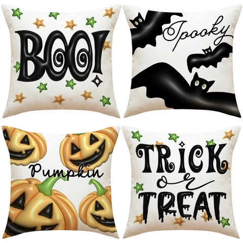 Halloween Decorative Linen Cushion Cover Spooky Bat Pumpkin Printed Pillowcase For Sofa Living Room Party Home Decor