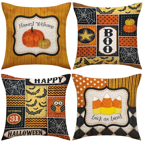 Fundas de Almohada Decorativas Halloween Lino Calabaza Murciélago Telaraña Funda de Cojín Para Sofá Decoración Hogar Regalo
