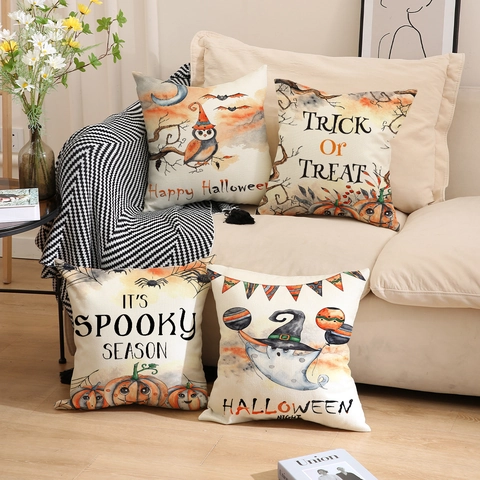 Halloween Pillow Covers Watercolor Pumpkin Ghost Owl Printed Linen Look Polyester Cushion Cases For Living Room Home Decor